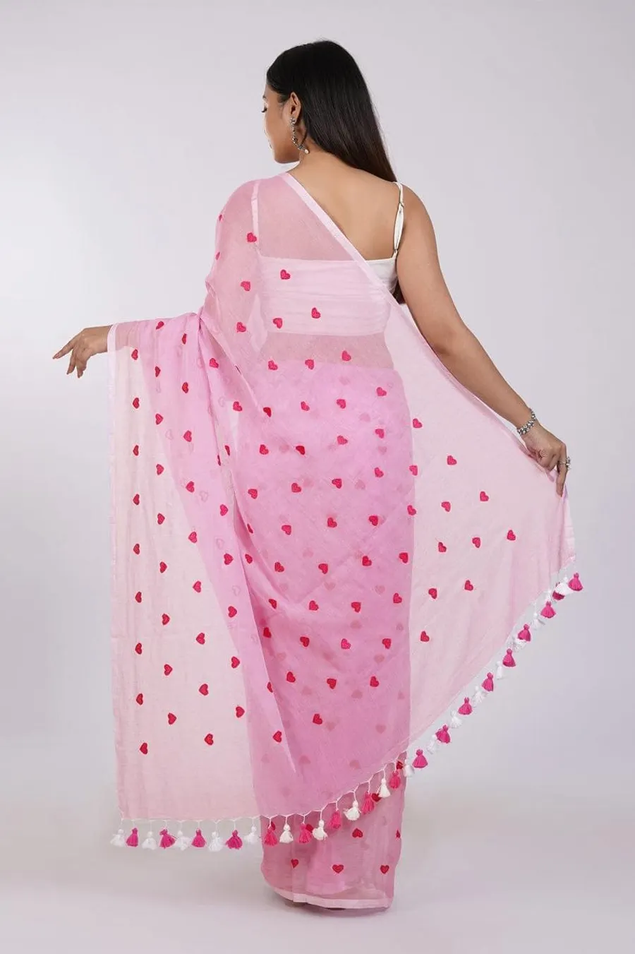 Heart Embroidered Soft Khadi Cotton Saree for Women, Party, Wedding, Bridal